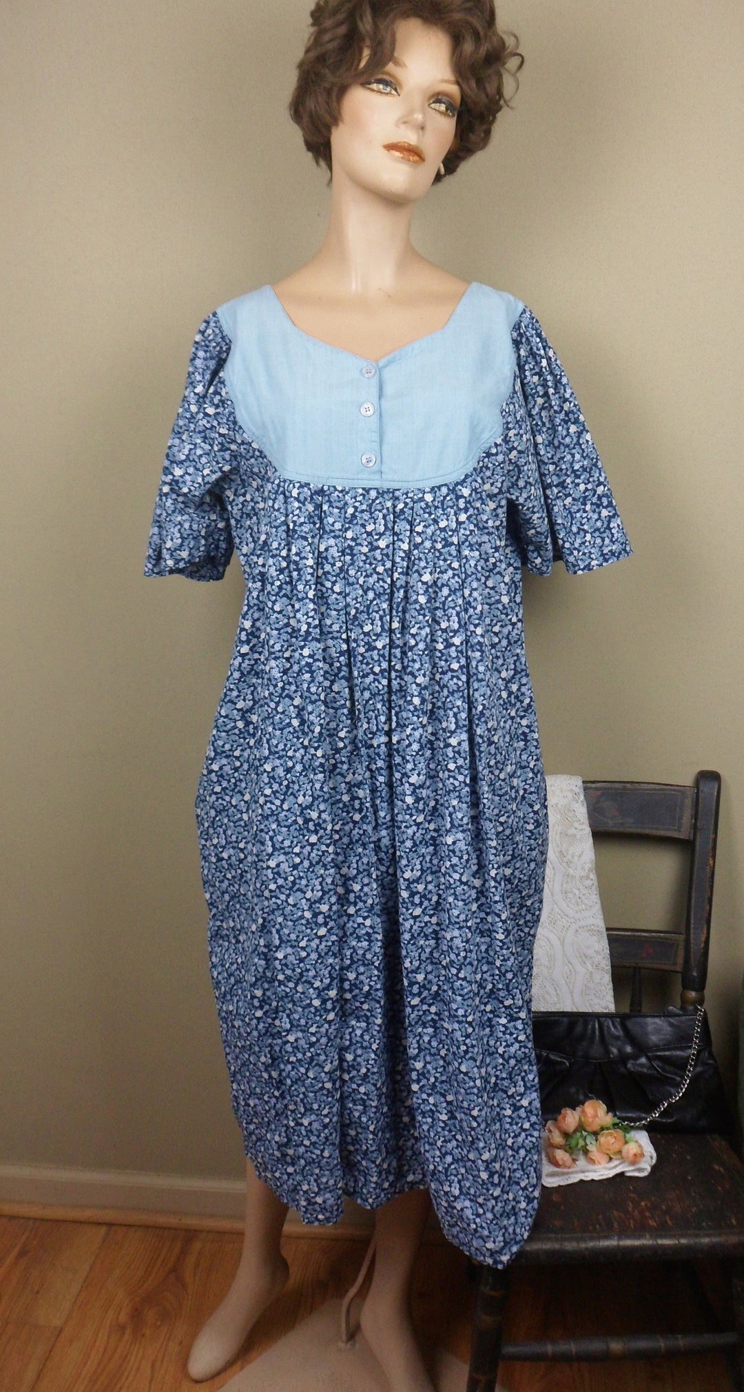 Phases Boho Smock Dress with Three Button Denim Bodice, Vintage Blue and White Floral India Kaftan, Size L