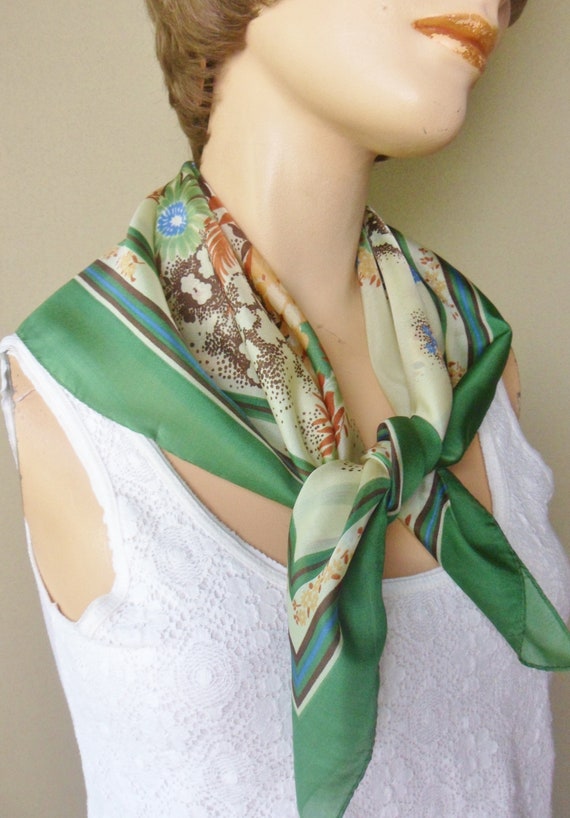 Floral Scarf from Italy, Vintage Green Earthy Pol… - image 3