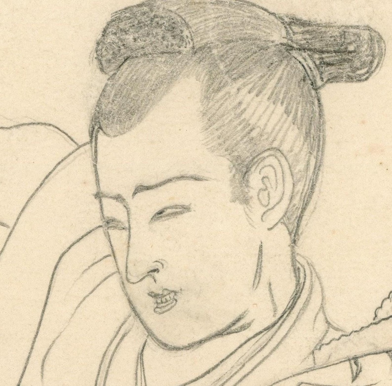 May include: Pencil sketch of a person with traditional Japanese hairstyle. The drawing shows a side profile with detailed facial features, including the ear, nose, and mouth. The hair is styled in a bun. The sketch is done in shades of grey.