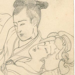 May include: Pencil sketch depicting two figures in traditional Asian dress. One figure, with a topknot hairstyle, looks down at the other, who is reclining. The sketch is rendered in a delicate, illustrative style with soft shading.
