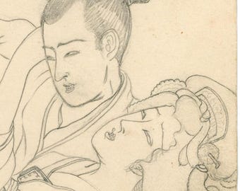 Vintage Taisho–Showa Japanese Pencil Drawing, Shunga Artwork, Original Sheet
