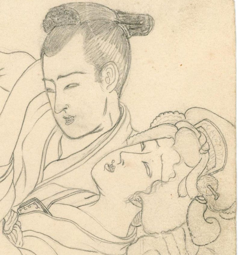 May include: Pencil sketch depicting two figures in traditional Asian dress. One figure, with a topknot hairstyle, looks down at the other, who is reclining. The sketch is rendered in a delicate, illustrative style with soft shading.