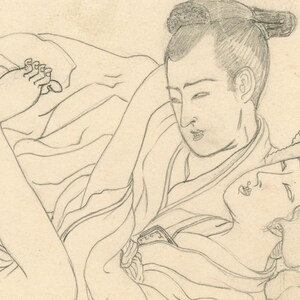 May include: Pencil sketch depicting two figures in a close embrace, drawn in a traditional Japanese style. The artwork features detailed facial features and clothing, and is a study of intimacy.