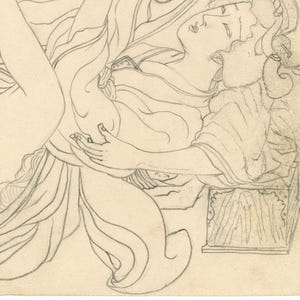 May include: A pencil sketch showing two figures in draped clothing, possibly from a historical or classical setting. The figures are intertwined, with detailed linework defining their forms and drapery. The composition suggests intimacy and artistic skill.
