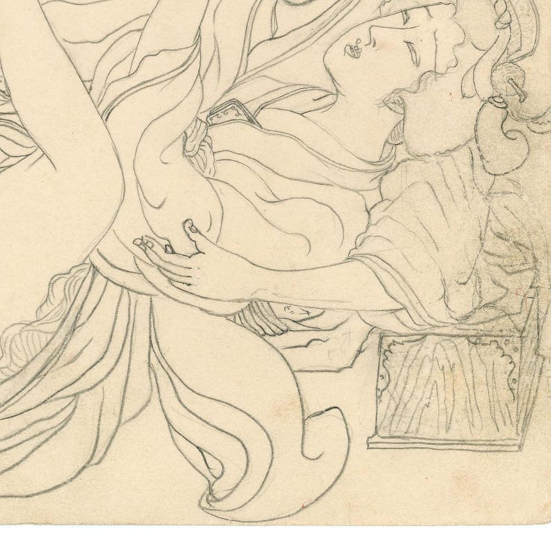 May include: A pencil sketch showing two figures in draped clothing, possibly from a historical or classical setting. The figures are intertwined, with detailed linework defining their forms and drapery. The composition suggests intimacy and artistic skill.