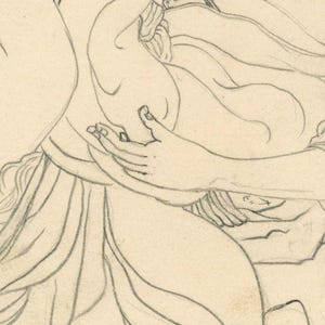 May include: Pencil sketch depicting a classical figure with flowing drapery and delicate hands. The artwork is rendered in shades of grey and white, with fine lines defining the forms. The composition suggests a narrative or mythological scene.