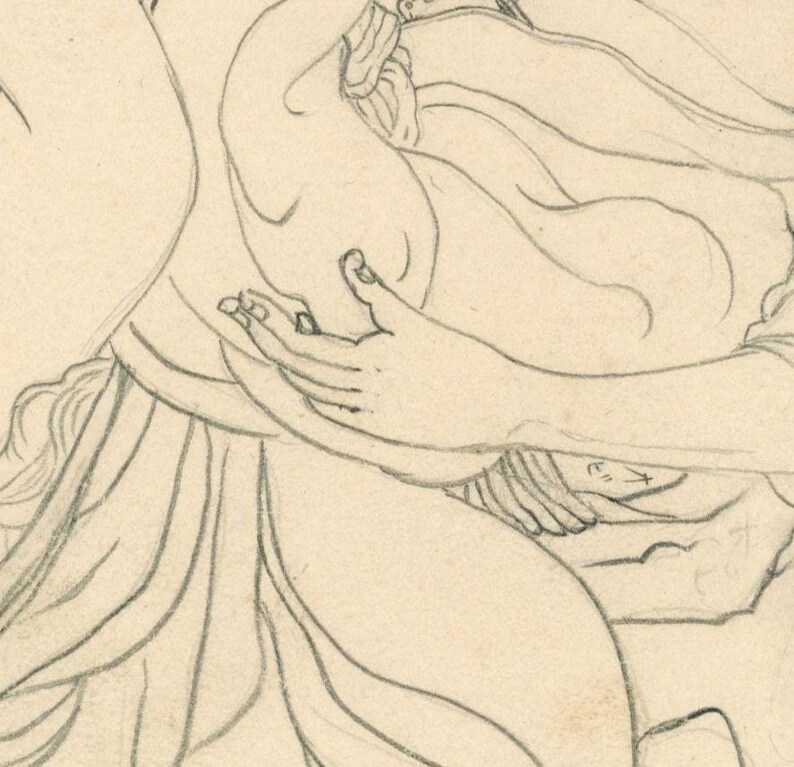 May include: Pencil sketch depicting a classical figure with flowing drapery and delicate hands. The artwork is rendered in shades of grey and white, with fine lines defining the forms. The composition suggests a narrative or mythological scene.