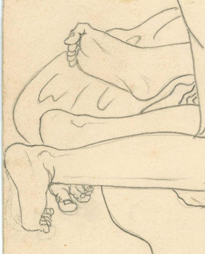 May include: A pencil sketch depicting human anatomy, with a focus on the feet and legs. The drawing is rendered in a realistic style, with detailed attention to the toes and the contours of the limbs. The sketch is on cream-coloured paper.