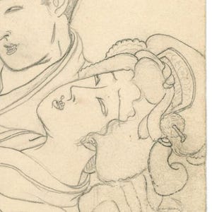 May include: Pencil sketch depicting two figures in an embrace. The drawing is in a classical style, with gentle lines and shading. The image is a close-up, focusing on the faces and upper bodies of the figures.