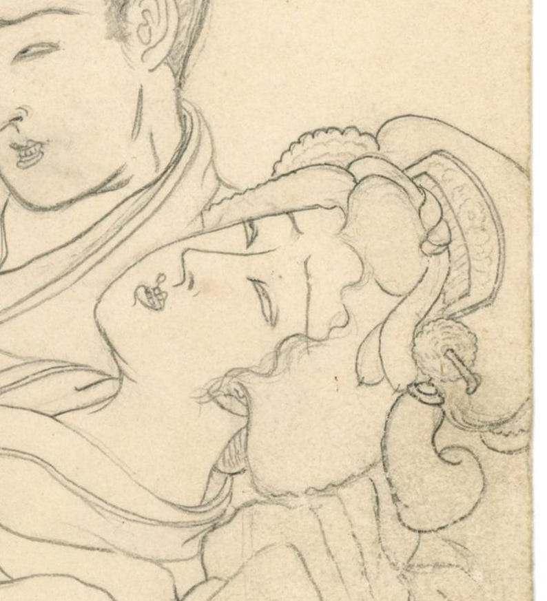May include: Pencil sketch depicting two figures in an embrace. The drawing is in a classical style, with gentle lines and shading. The image is a close-up, focusing on the faces and upper bodies of the figures.