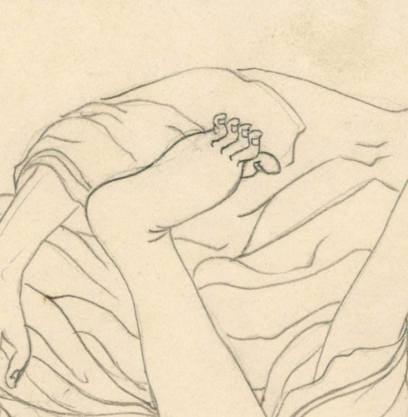 May include: A pencil sketch depicting a foot and leg, with the foot in a flexed position. The drawing is set against a pale beige backdrop, featuring gentle shading and visible lines. The leg is partly covered by draped fabric.