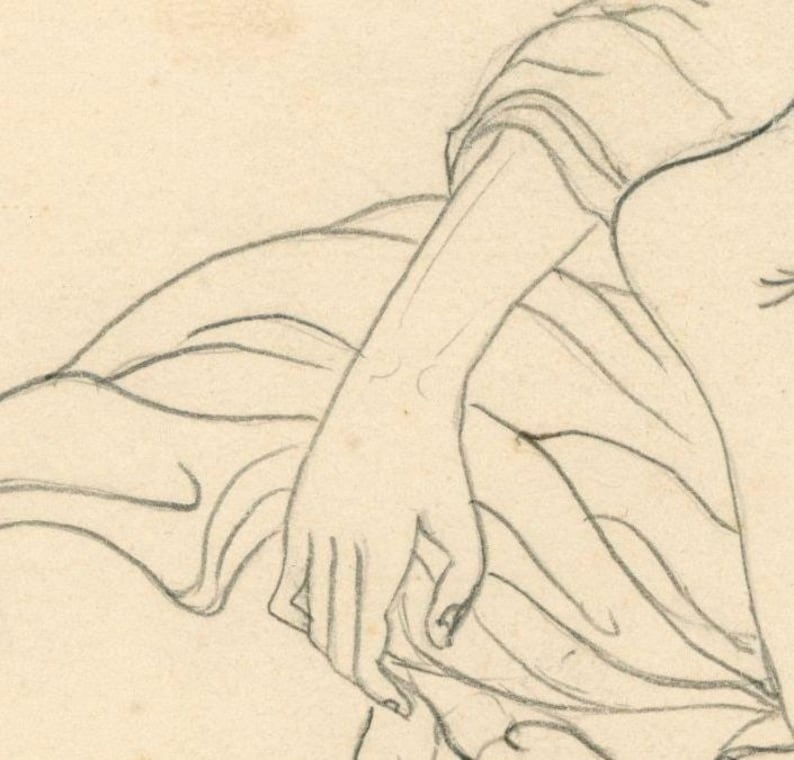 May include: Pencil sketch depicting a hand resting on draped fabric. The hand is finely detailed with visible fingers and a relaxed posture. The fabric features soft folds and shadows, creating depth and texture. The artwork is on cream-coloured paper.