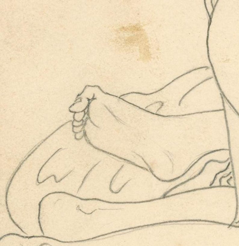 May include: A pencil sketch showing a hand resting on a curved form, possibly a leg or torso. The drawing is in a simple, illustrative style, with visible pencil strokes and shading. The paper has a slightly aged appearance.