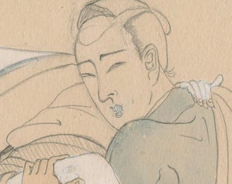 Vintage Taisho–Showa Japanese Pencil Drawing, Shunga Artwork, Original Sheet