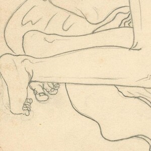 May include: A pencil sketch of a human form, concentrating on the lower body. The drawing shows a foot, leg, and part of the torso. The style is simple, with visible pencil lines defining the form and shadows.