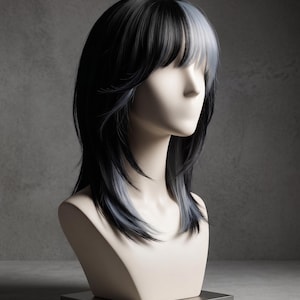 May include: A mannequin head displaying a long wig with a side part. The wig features black hair with streaks of gray and a section of white hair. The mannequin is on a silver base against a gray background.
