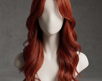 Handmade Orange Brown Wavy Wig, Long Copper Red Hairpiece for Women, Natural Look Auburn Curly Wig for Daily Wear, Cosplay Party Hair
