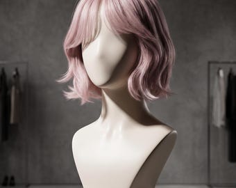 Peluca corta rosa ondulada hecha a mano con flequillo, peluca bob rosa pastel para cosplay, reemplazo de cabello sintético para uso diario, linda peluca de fiesta para mujeres
