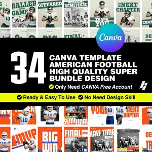 May include: A Canva template bundle for American football, featuring 34 high-quality designs. The image includes football players, text, and the Canva logo. The templates are ready to use and easy to customize.