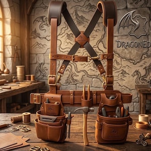 May include: A brown leather tool belt with suspenders, featuring multiple pockets and compartments for tools. The belt includes a hammer, pliers, and other tools. The DragonEd logo is visible on the belt.