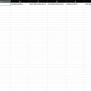 May include: A spreadsheet with column headers: Date, Trip Description, Start Odometer (km), End Odometer (km), Distance (km), and Trip Type. The spreadsheet has rows numbered 1 through 36, with blank cells ready for data entry.