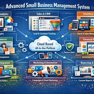 May include: An infographic showing an advanced small business management system. The image includes sections for dashboard analytics, sales and CRM, inventory and POS, human resources, e-commerce integration, marketing and automation, and financial management.