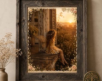 Vintage feeën verandaprint | Fairymount Sunset Cottagecore-muurkunst (digitale download)