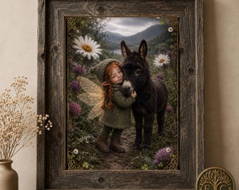 Fairy Donkey Wall Art, grillige fantasie kinderkamerprint, Cottagecore Magical (digitale download)