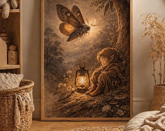 Mottenfee kunstafdruk | Donkere cottagecore-muurkunst | Nachtelijke fantasie afdrukbare | Vintage botanisch decor