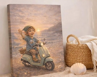 Fairy scooter strand kunstafdruk | Retro grillig kinderdagverblijf aan de kust (digitale download)