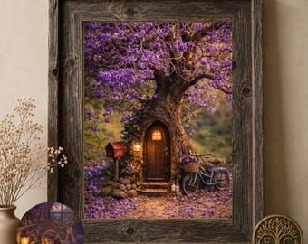 Jacaranda-letterset met feeën | Purple Fairy Door Art, briefpapier, envelop (digitale download)