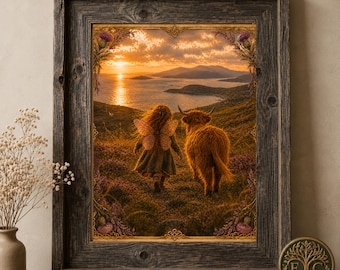 Fairy Highland Cow Art Print | Schotse Hebriden zonsonderganglandschap (digitale download)