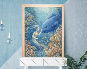 Zeemeermin Blue Groper Underwater Fantasy Art Print, Coastal Fae-collectie (digitale download)