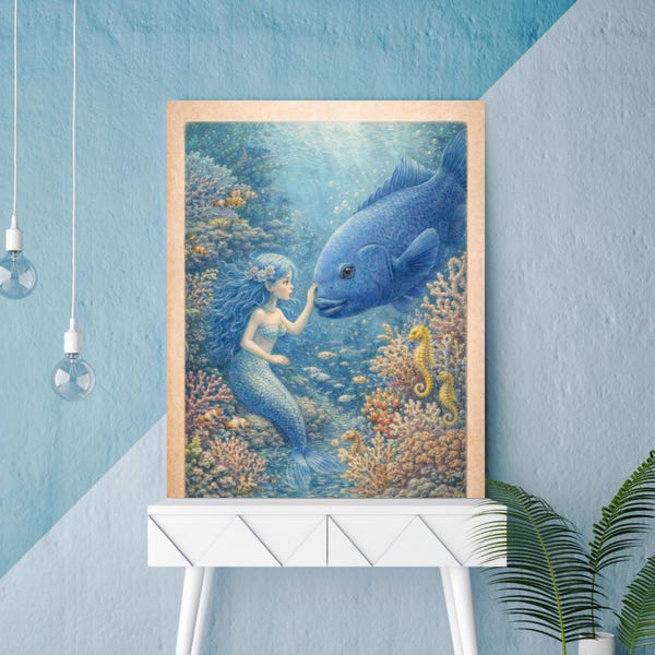 Mermaid Blue Groper Underwater Fantasy Art Print, Coastal Fae Collection (Digital Download)