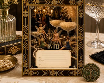 Vintage art-deco-uitnodigingsbundel | 5 afdrukbare uitnodigingen voor een feest uit de jaren 1920 | Digitale download geïnspireerd op Gatsby