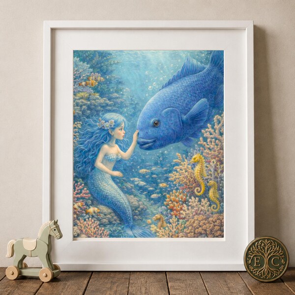 Mermaid Blue Groper Underwater Fantasy Art Print, Coastal Fae Collection (Digital Download)