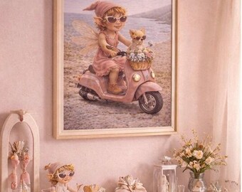 Roze scooterfee kunstprint | Decor kinderkamer aan de kust (digitale download)