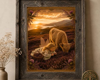 Schotse fee Highland Cow Art Print | Hebriden Heather Cottagecore Decor (digitale download)
