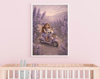 Fairy scooter lavendelvelden print | Grappig elfenkinderdagverblijf (digitale download)