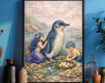 Zeemeermin pinguïn kunstprint, kustfantasie kinderkamerdecoratie (digitale download)