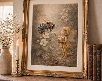 Blauwe gestreepte bij Fairy Art Print | Australisch insect, botanische muurkunst (digitale download)