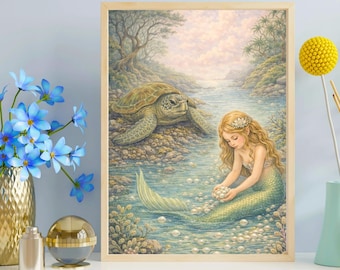 Zeemeermin en zeeschildpad kustkunstprint, vintage oceaanfantasieillustratie (digitale download)