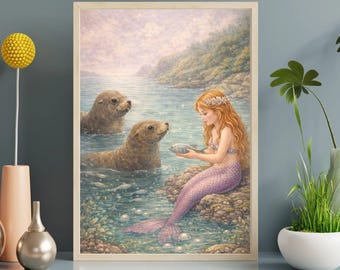 Zeemeermin en zeehonden kust Fantasy Art Print, vintage oceaanillustratie (digitale download)