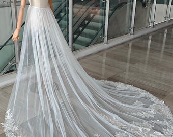 Exquisite Flower Lace Applique Wedding Train Skirt with Scattered Zircon,Ivory Floral Lace Tulle Overlay, Detachable Bridal Overskirt