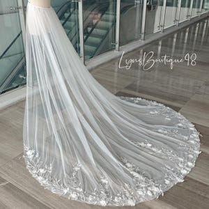 Delicate Ivory 3D Flower Lace Detachable Train,Sheer Tulle Skirt with Floral Trim, Chapel Length Removable Overskirt, Wedding Accessory