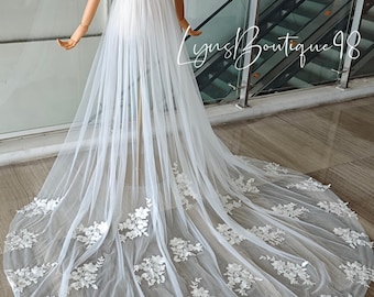 Delicate Scattered Lace Flower Applique Wedding Train Skirt,Wide Sweep Hem Floral Lace Tulle Overlay, High Waist Detachable Bridal Overskirt