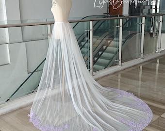 Sobrefalda de encaje morado elegante para boda, cola de encaje floral morado para vestido de novia, sobrefalda de tul transparente para novia, accesorios de boda