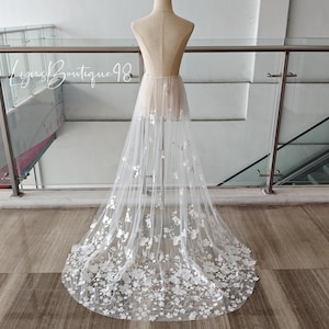 Fairy Ivory Flower Lace Embroidery Detachable Train,Tulle Skirt with Floral Trim,Custom Length Removable Overskirt, Wedding Accessory