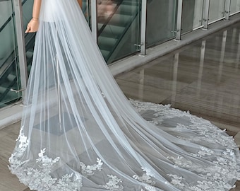 Elegant Ivory Floral Lace Removable Overskirt,Handmade Sheer Tulle Skirt with Floral Lace Trim, Custom Length Tulle Train