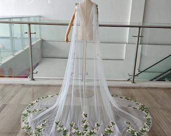 Velo de novia con encaje y apliques de hojas verdes, capa con chal floral de margaritas, capa de encaje de hadas con flores, velo de tul transparente personalizado.